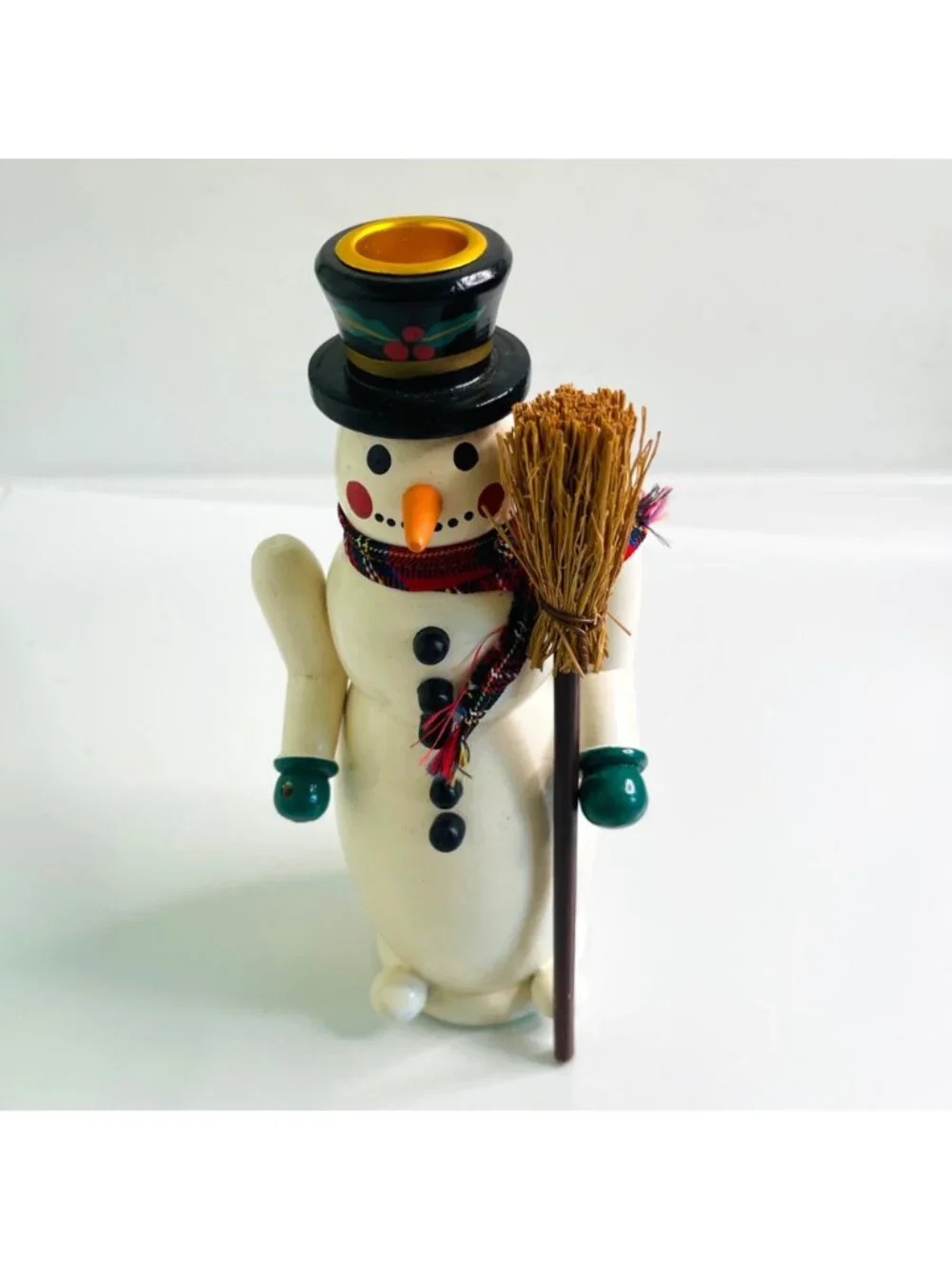 Vintage 1990s Christmas Wooden Snowman Candlestick Holder Taper 9